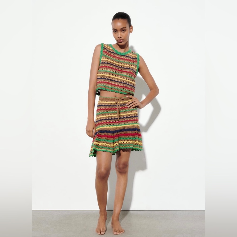 ZARA STRIPED KNIT SKIRT AND COVER UP OPEN WORK CROCHET SIZE S MULTICOLOR NWT